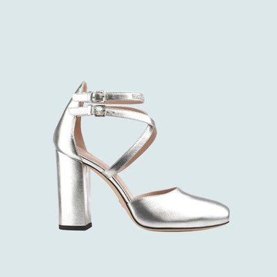 ZAPATOS PLATEADOS SWAROSKIS CON TACÓN GRUESO