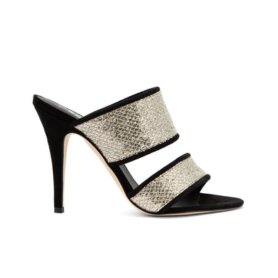 Sandalia Mery Tejido Oro Plata Gamuza Negro 110mm