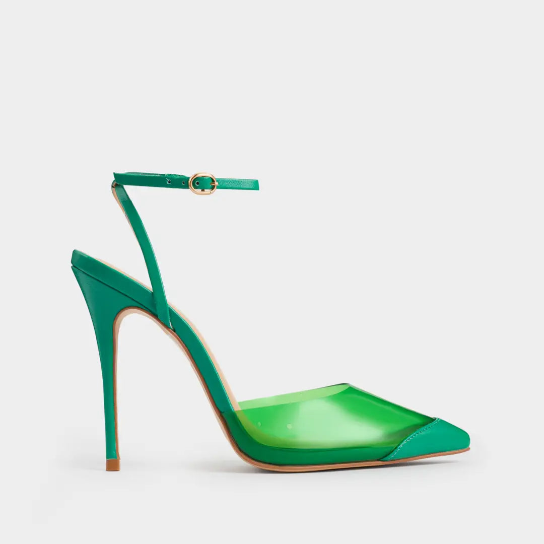 Zapatos Stilettos Ariel verdes de piel con vinilo.
