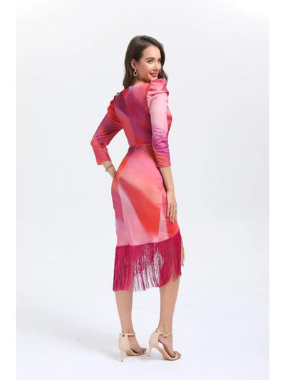 Vestido midi estampado con manga y flecos
