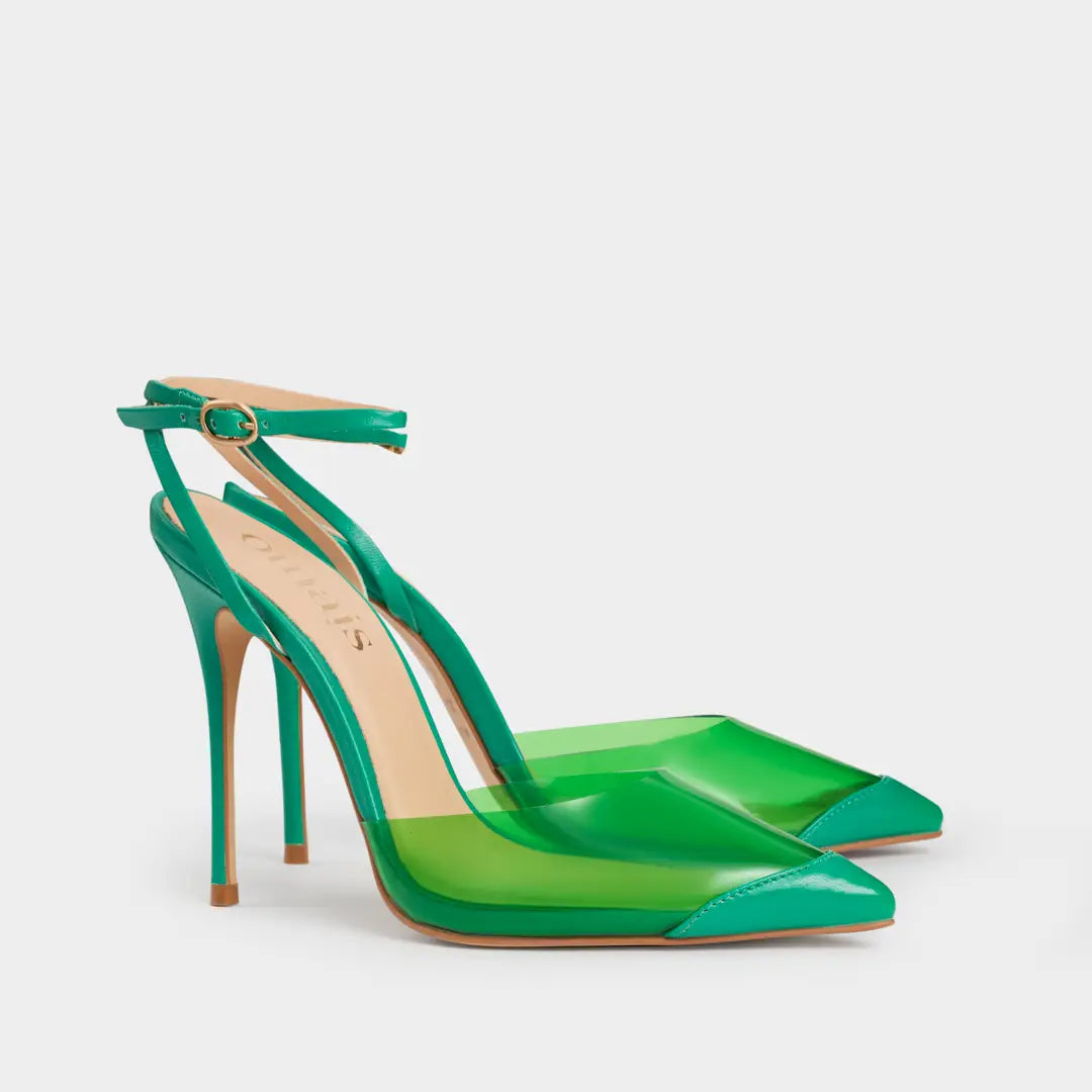 Zapatos Stilettos Ariel verdes de piel con vinilo.