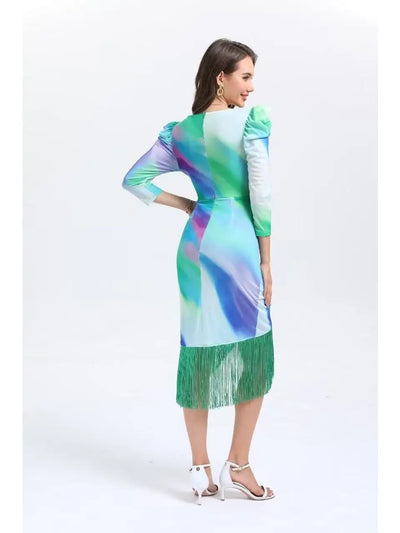 Vestido midi estampado con manga y flecos