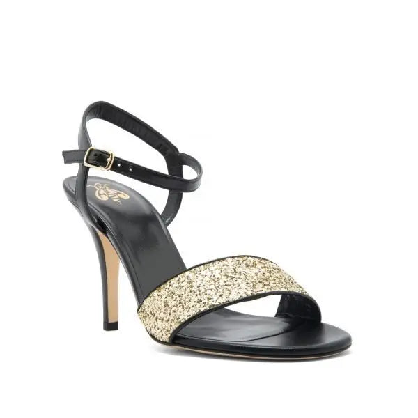 Sandalia Julia Napa Negra Brillo Oro 100mm