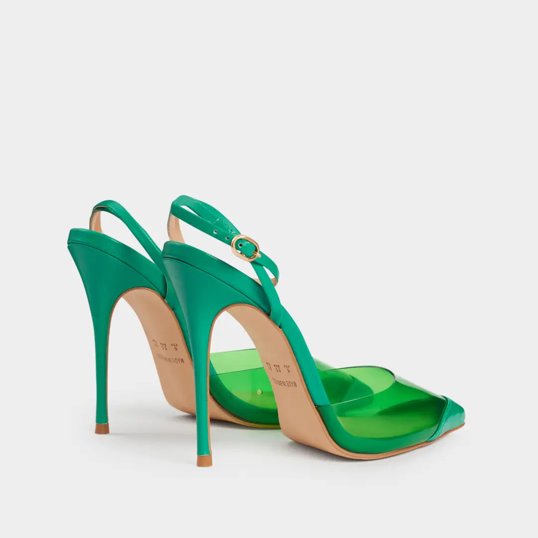 Zapatos Stilettos Ariel verdes de piel con vinilo.