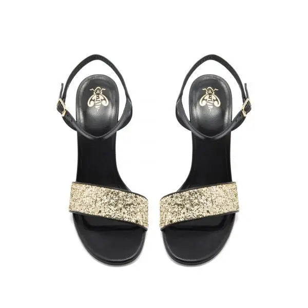 Sandalia Julia Napa Negra Brillo Oro 100mm