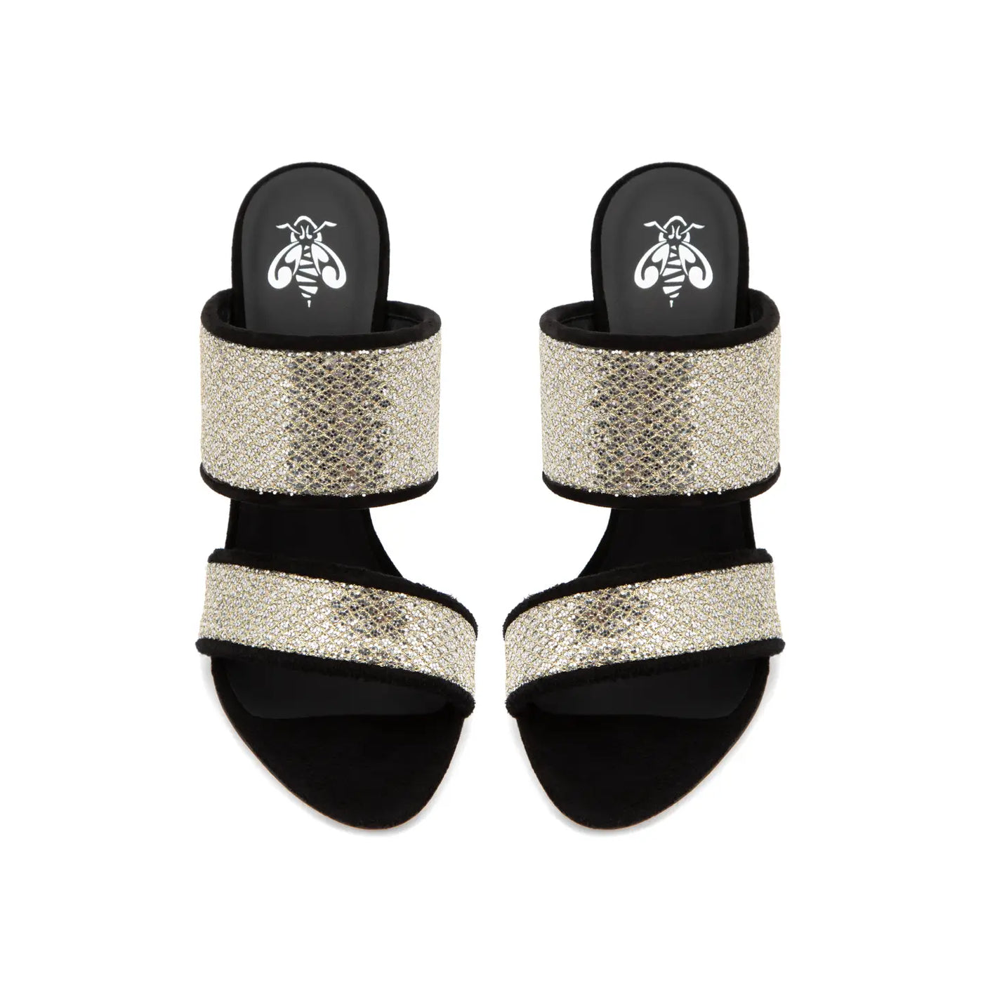 Sandalia Mery Tejido Oro Plata Gamuza Negro 110mm