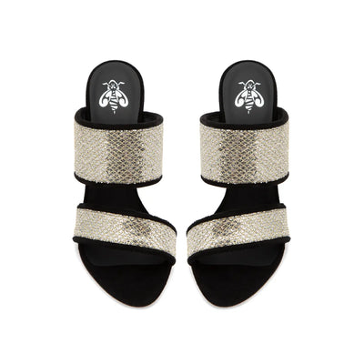 Sandalia Mery Tejido Oro Plata Gamuza Negro 110mm