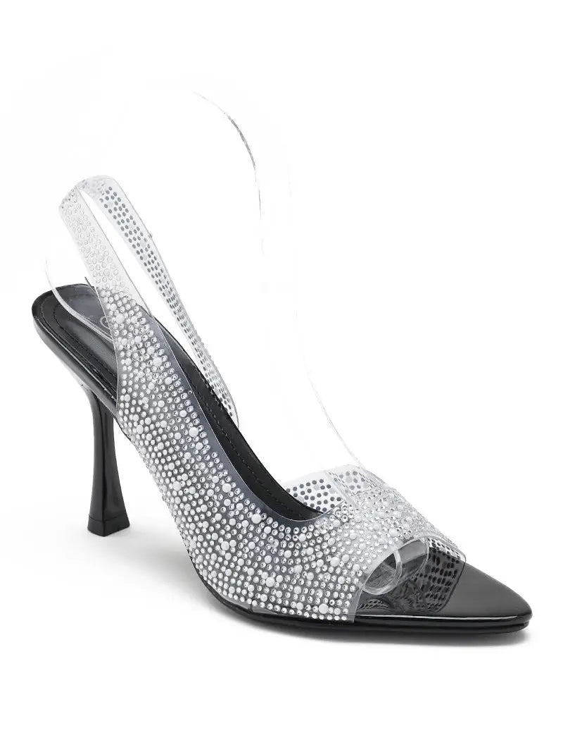 Sandalia de tacón transparente con strass y correa trasera
