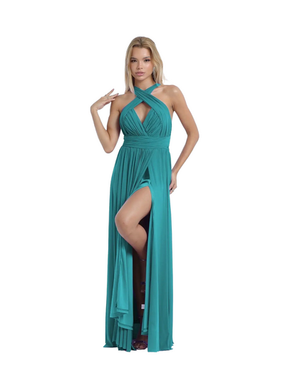 vestido convertible con abertura,