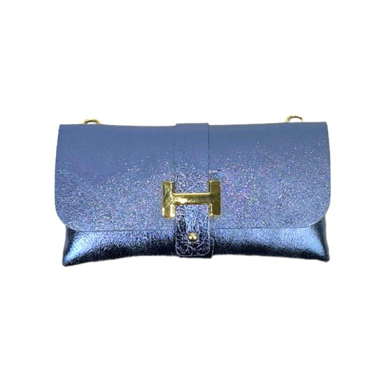Bolso Piel Italiana con Efecto Brillante y Asa Extraíble de Cadena