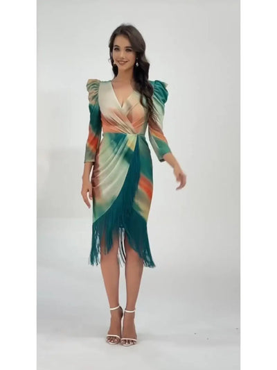Vestido midi estampado con manga y flecos