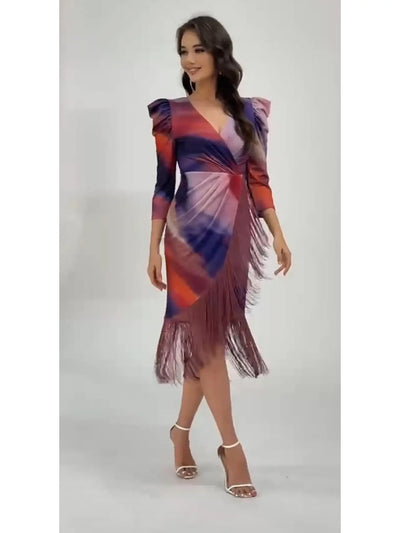 Vestido midi estampado con manga y flecos