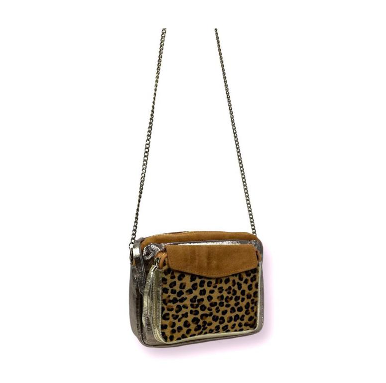 Bolso Bandolera de Piel con Diseño Animal Print y Cremallera