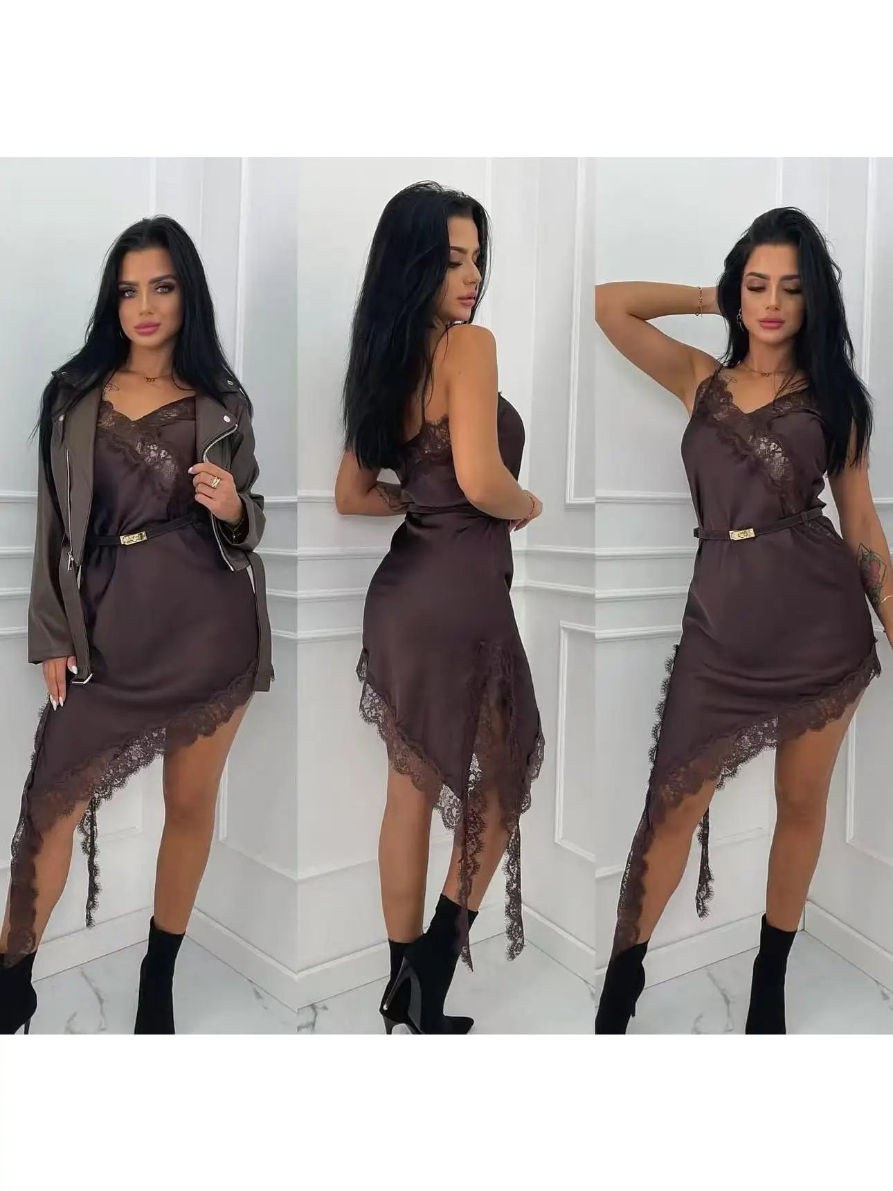 Vestido corto asimétrico de tirantes en satén