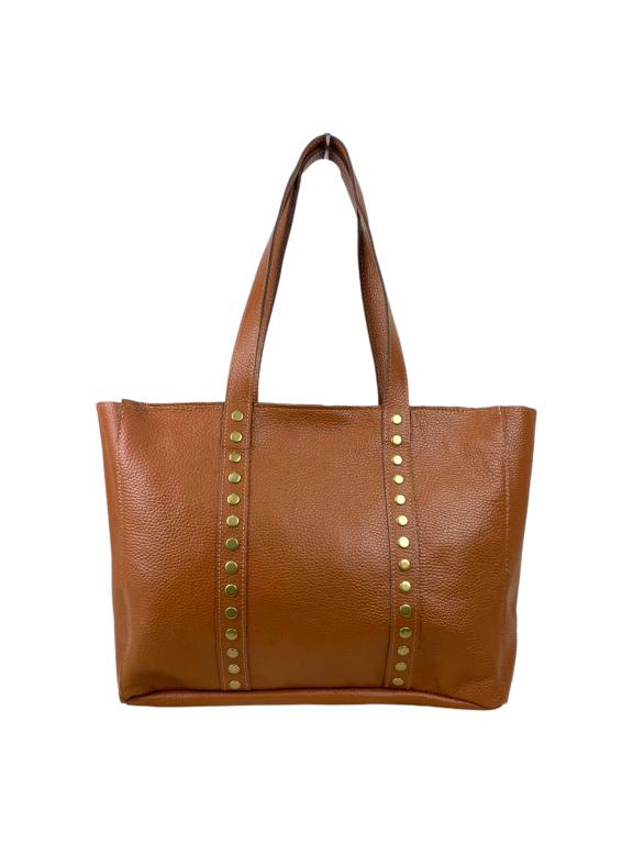 Amplio Bolso de Piel Italiana con Tachuelas Decorativas y Cierre de Cremallera