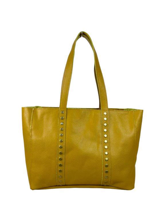 Amplio Bolso de Piel Italiana con Tachuelas Decorativas y Cierre de Cremallera