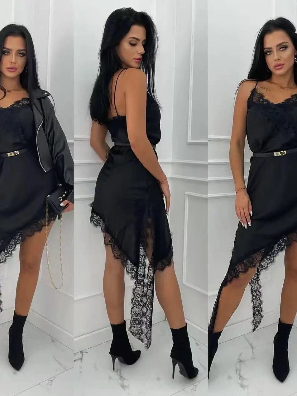 Vestido corto asimétrico de tirantes en satén