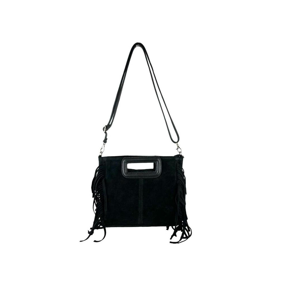 Bolso Bandolera en Piel de Serraje con Flecos Laterales y Gran Calidad Mujer