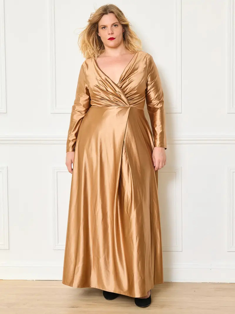 Vestido maxi con cuello en V y manga larga
