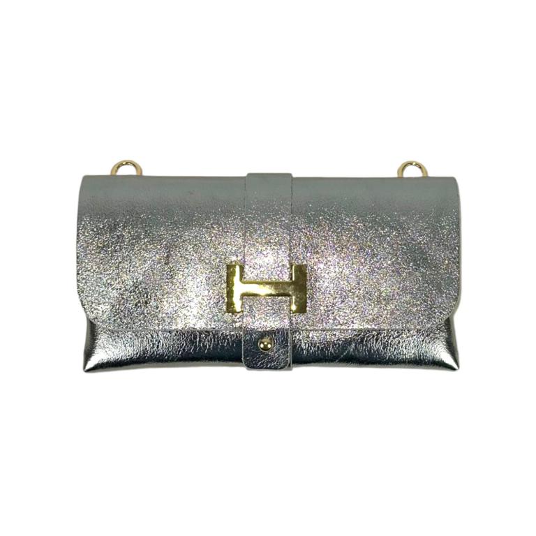 Bolso Piel Italiana con Efecto Brillante y Asa Extraíble de Cadena