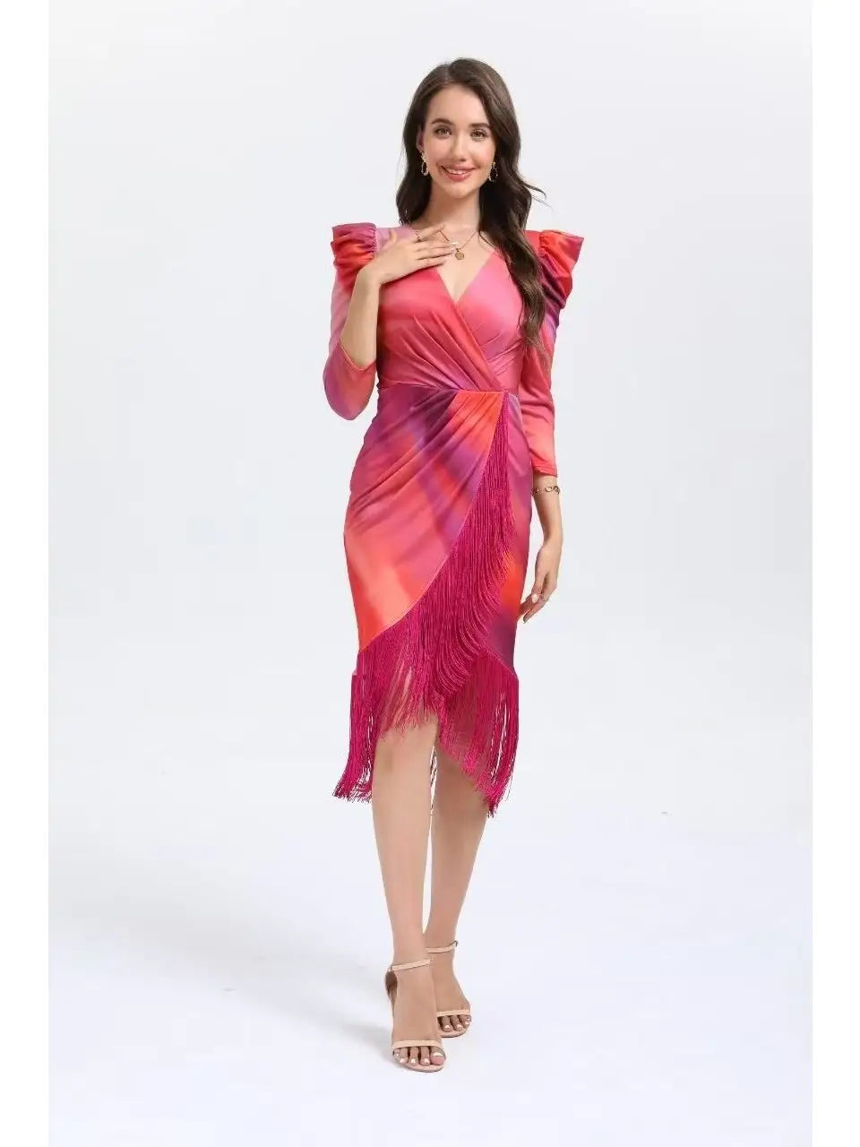 Vestido midi estampado con manga y flecos