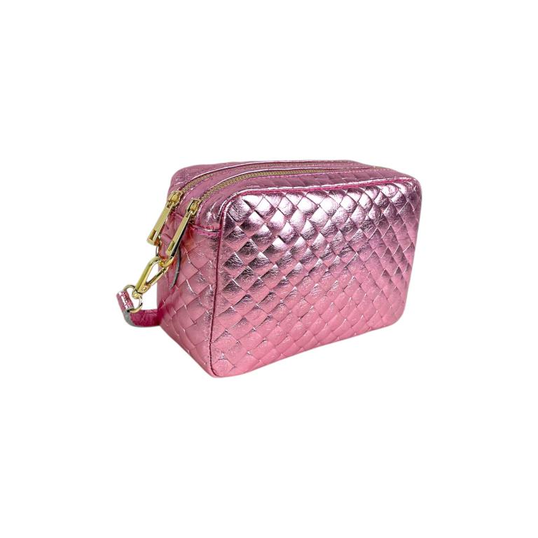 Bolso Bandolera de Mujer en Piel Italiana con Efecto Brillante y 2 Bolsillos con Cremallera