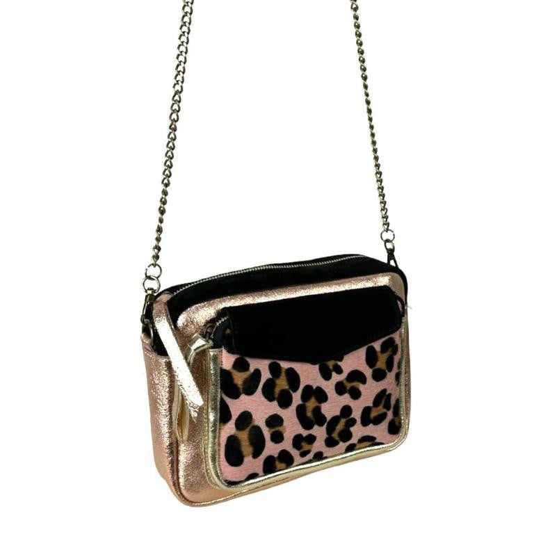 Bolso Bandolera de Piel con Diseño Animal Print y Cremallera