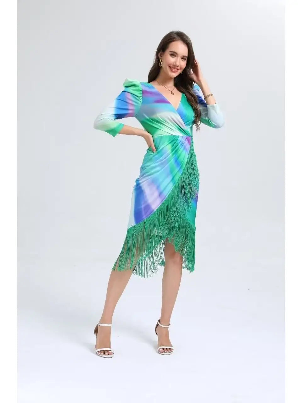 Vestido midi estampado con manga y flecos