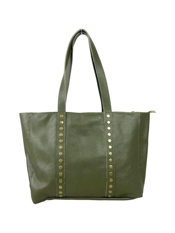 Amplio Bolso de Piel Italiana con Tachuelas Decorativas y Cierre de Cremallera