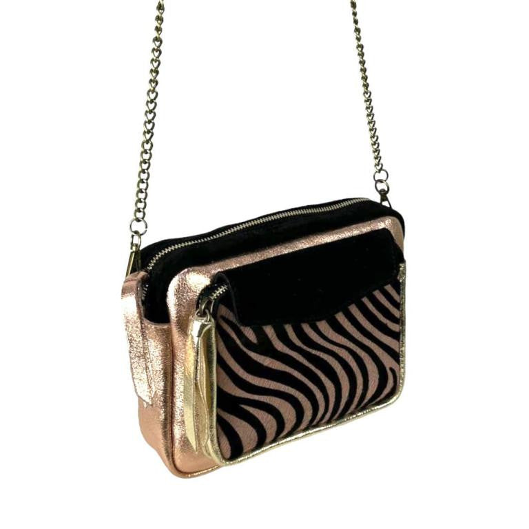 Bolso Bandolera de Piel con Diseño Animal Print y Cremallera